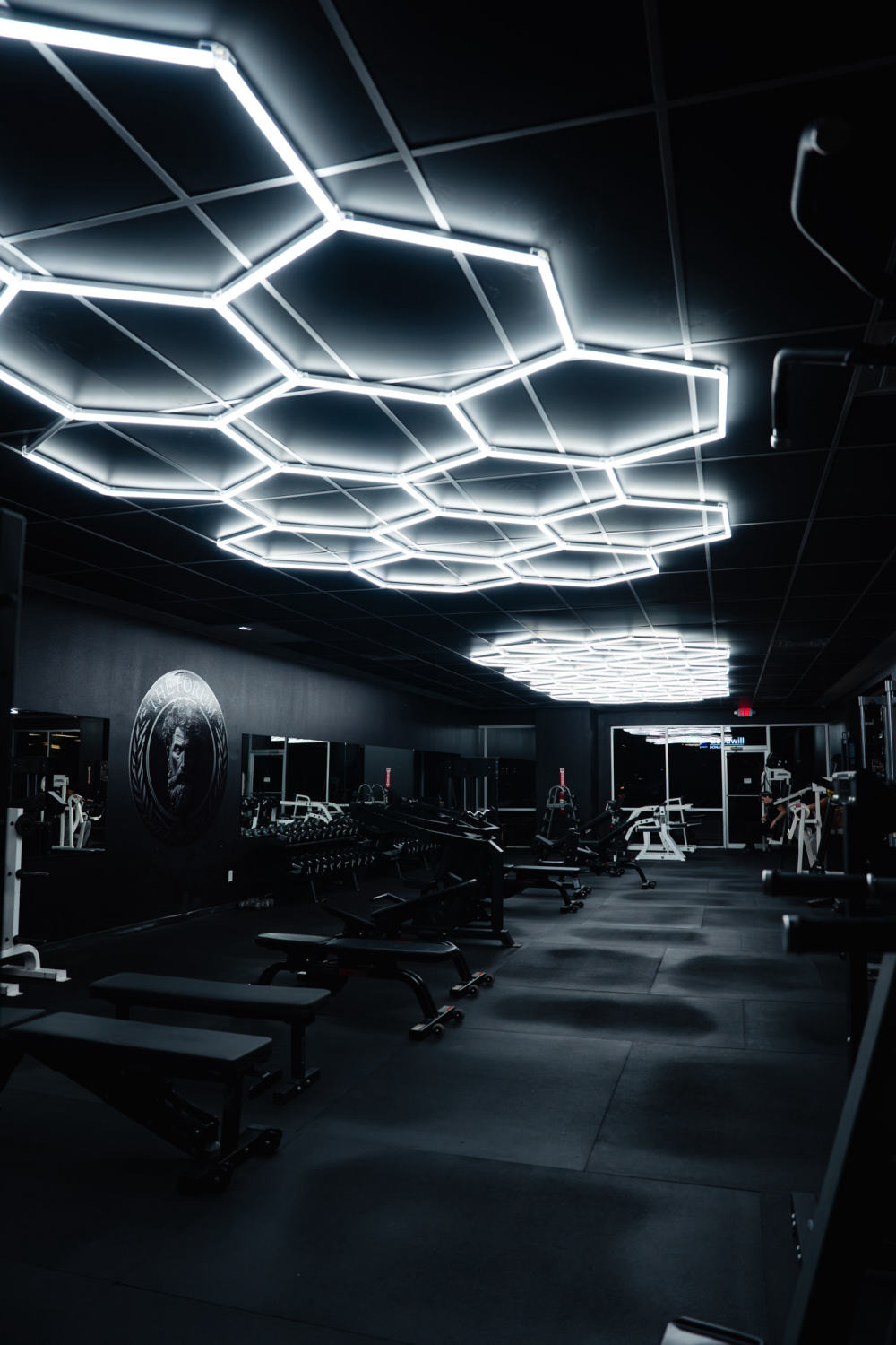 Hexagon LED lighting over the free-weight floor at The Forum